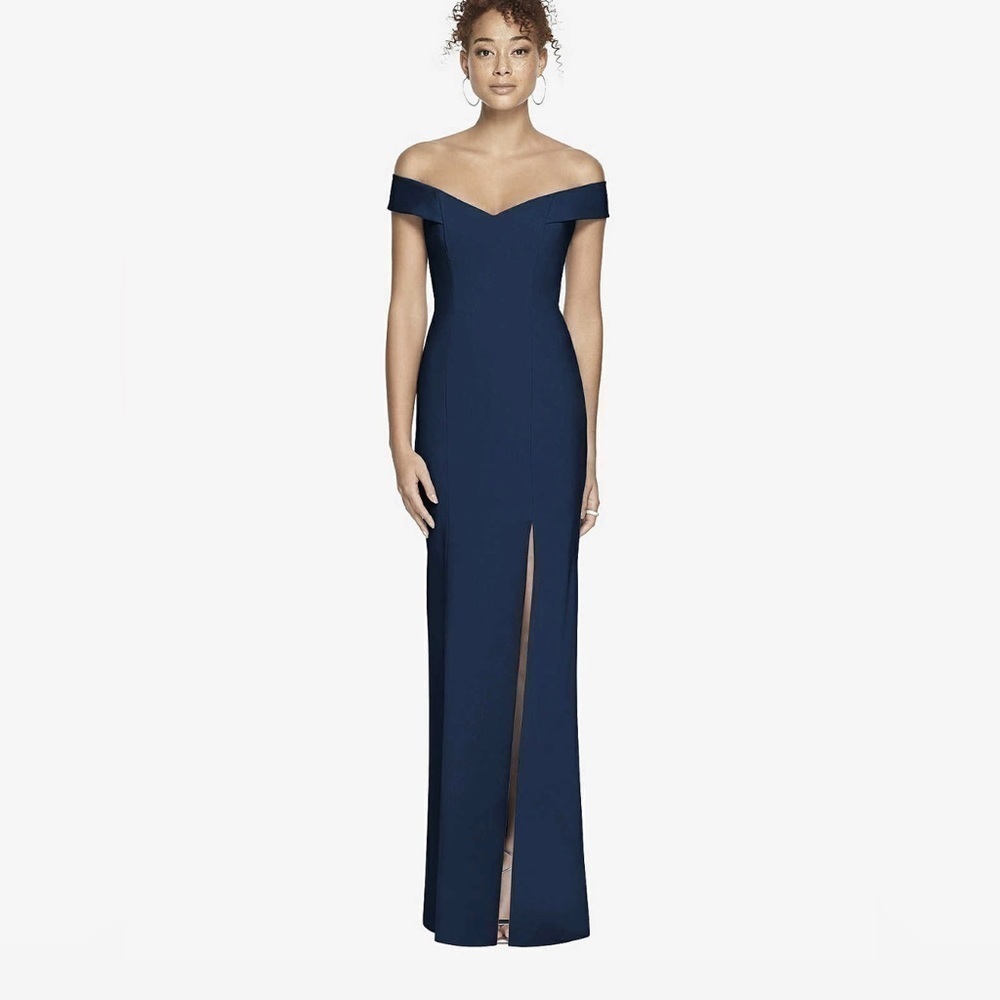 Dressy Collection navy off the shoulder cross back gown size 6. NWT